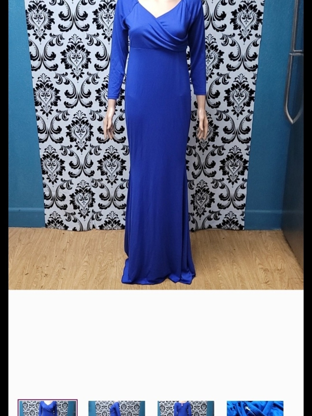 Elegant Cobalt Blue V-Neck Long Sleeve Maxi Dress